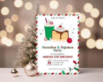 Pfannkuchen & Pyjamas Weihnachten Geburtstag einladen, Kinder Pfannkuchen Brunch Frühstücksfeier, Urlaub Geburtstagseinladung, Pfannkuchen Geburtstag einladen