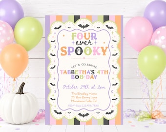 Bearbeitbare Einladung zum „Four Ever Spooky Boo Day“, Halloween-Geburtstagseinladung für Mädchen, digitaler Download, Einladung zur Pastell-Fledermaus-Party
