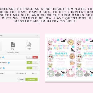 May include: A digital download interface with options for PDF, JPG, and PNG formats. The image also shows a sample invitation for a "Summerwoon Birthday Bash" with cartoon graphics and text.
