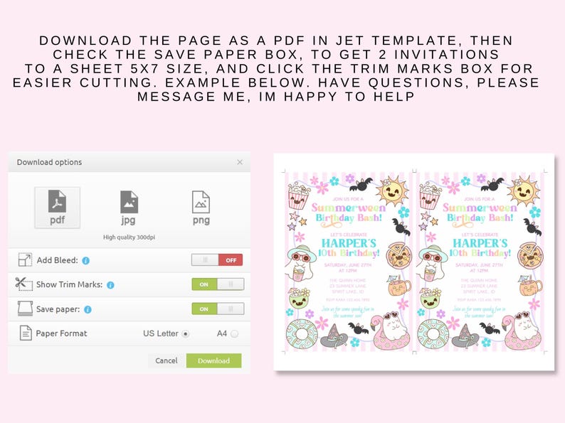 May include: A digital download interface with options for PDF, JPG, and PNG formats. The image also shows a sample invitation for a "Summerwoon Birthday Bash" with cartoon graphics and text.