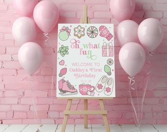 ¡Qué divertido es cumplir un año! Letrero de bienvenida para fiesta navideña, póster navideño para el primer cumpleaños, decoración rosa y menta para fiesta de primer cumpleaños de niña