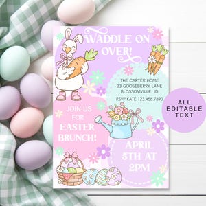 May include: An Easter brunch invitation with a cartoon duck holding a carrot, surrounded by pastel eggs and a gingham cloth. The invitation includes the text "Waddle on Over!" and details for the event.
