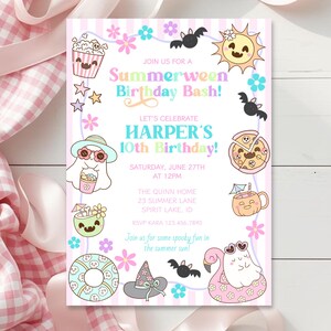 May include: A whimsical invitation for a Summerween Birthday Bash, featuring a pink and white striped background. The invitation includes cartoon illustrations of a ghost, pizza, sun, and other summer-themed graphics. Text reads "Let's Celebrate Harper's 10th Birthday!"