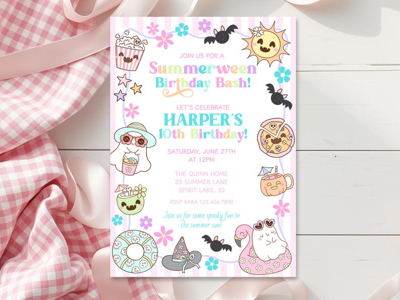 May include: A whimsical invitation for a Summerween Birthday Bash, featuring a pink and white striped background. The invitation includes cartoon illustrations of a ghost, pizza, sun, and other summer-themed graphics. Text reads "Let's Celebrate Harper's 10th Birthday!"