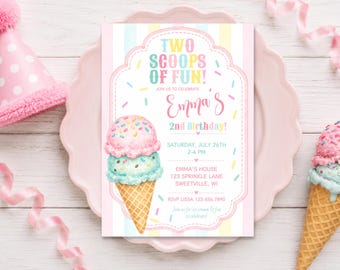 Bearbeitbare Einladung zum Eiscreme-Geburtstag, Pastellfarbene Einladung „Zwei Kugeln Spaß“, Einladung zur Eiscreme-Party für Mädchen, Digitale Vorlage für eine „Zwei Kugeln Party“.