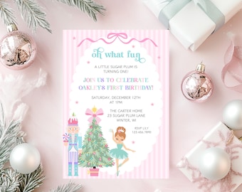 May include: A rectangular birthday invitation card with a pink and white striped background featuring a nutcracker, a Christmas tree, and a ballerina. The text reads: Oh what fun, A little sugar plum is turning one! Join us to celebrate Oakley's first birthday! Saturday, December 12th at 1pm, The Carter Home, 23 Sugar Plum Lane, Winter, WI, RSVP Lily 123.456.7890.