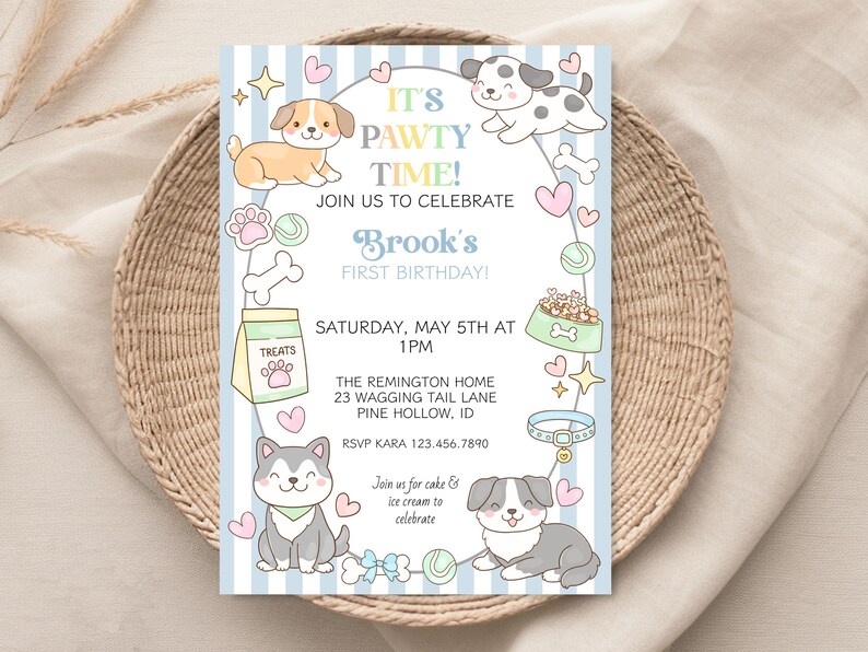 Puppy Birthday Invitation, First Birthday Boy Party Invite, Puppy Dog ...