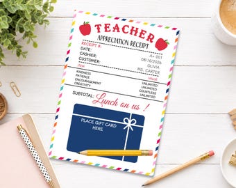 Witzige Geschenkkartenhülle zur Wertschätzung von Lehrkräften, digitaler Download, inklusive Quittung für ein kostenloses Mittagessen, druckbares Dankeschön-Geschenk, bearbeitbare Vorlage