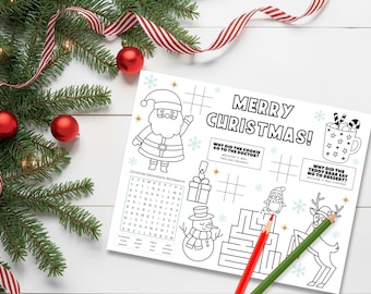 Christmas Activity Coloring Placemat, Kids Holiday Game Sheet (Digital Download)