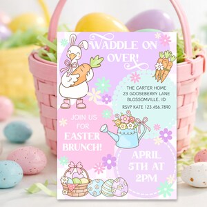 Silly Goose Easter Party Invitation, Editable Pastel Easter Invite, Easter Brunch Egg Hunt Spring Celebration, Waddle On Over Invitation image 1