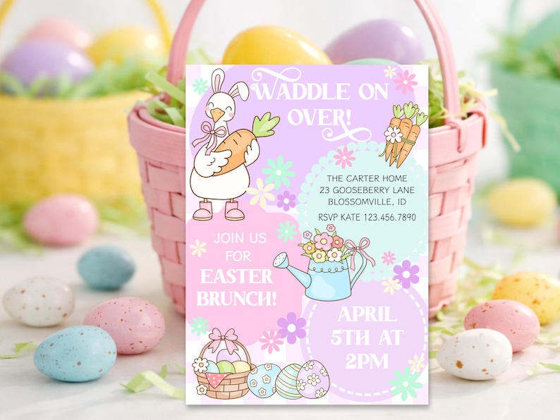 Silly Goose Easter Party Invitation, Editable Pastel Easter Invite, Easter Brunch Egg Hunt Spring Celebration, Waddle On Over Invitation image 1