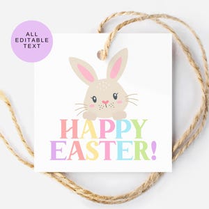 以下が含まれることがあります： パステルカラーの「HAPPY EASTER！」の文字と漫画のウサギが描かれた白い正方形のタグ。タグは天然のひもで結ばれています。左上には「ALL EDITABLE TEXT」と書かれた紫色の円があります。