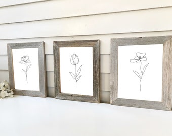 Botanical Framed Prints, Set of 1 to 3, Minimal Line Art Modern Prints, Barnwood Frames, Flower Art Wall Decor, Rose Garden Art, Farmhouse