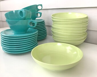 Vintage Boontonware, 21 Cups and Saucers in Turquoise Blue, and 12 Lime Green Cereal or Ice Cream Bowls