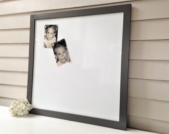 Executive WHITEBOARD Dry Erase - Magnetic Bulletin Board - 26 x 26 inches Sophisticated Office Memo Board Handmade Wood Frame Gray Charcoal
