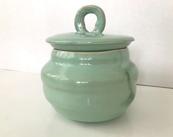 Vintage Pottery Jar and Lid, Pale Green Hand Thrown Lidded Pot or Canister