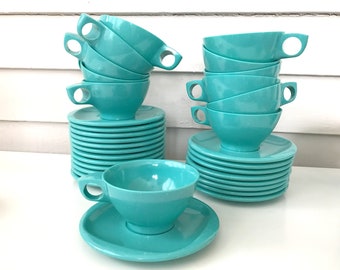 Vintage Boontonware Cups and Saucers, SET OF 21, Turquoise Blue Speckled with White, Melmac Dinnerware Pattern 1206-8