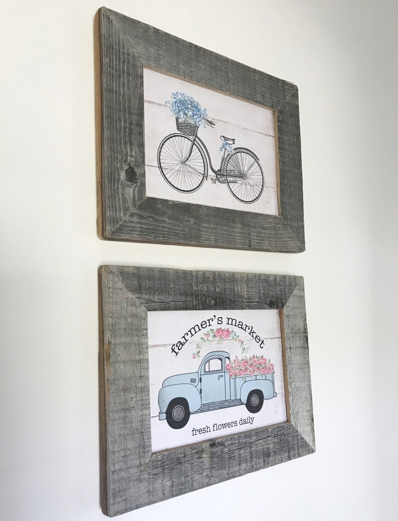 Wall Decor Blue Pickup Truck Happy Summer Spring Farmers Market Flower Wall Art Shiplap Barnwood Frame Blue Sign Farmhouse Girl Gift
