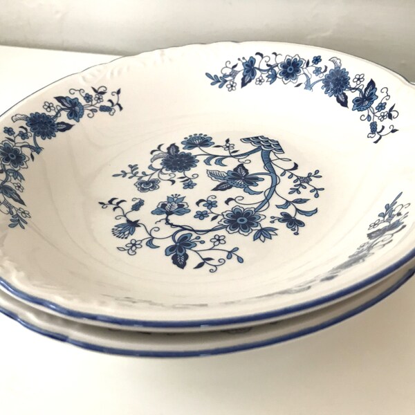 Vintage Seine Blue Bowls made by Hankook, Blue and White Coupe Soup or Salad Bowls, Scalloped Edge, 8.25 inches SET of 2