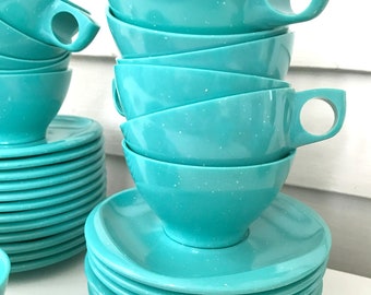 Vintage Boontonware, 21 Cups and Saucers in Turquoise Blue, Mid Century Modern Kitchen Dining