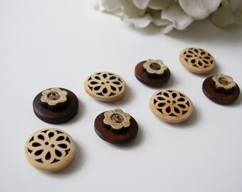 Wood Button Magnets - Set of 8 Refrigerator Magnets Carved Flower for Magnetic Bulletin Boards Wood Dark Brown Flower Shaped Large