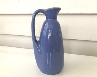 Vintage Deep Blue Pottery Vase, 6 inch Tall Periwinkle Handled Creamer, Shelf Decor for Flower or Bouquet