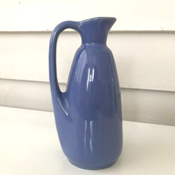 Vintage Deep Blue Pottery Vase, 6 inch Tall Periwinkle Handled Creamer, Shelf Decor for Flower or Bouquet