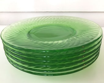 Vintage Green Depression Glass Plates Set of 6, Anchor Hocking Spiral Salad Lunch Dessert Dishes, Uranium Lime Green