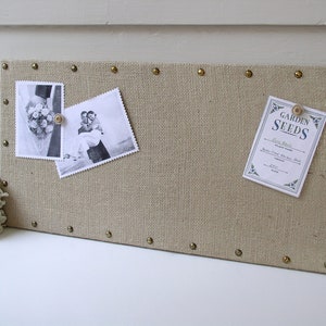 Organizer - Burlap Memo Board - MAGNETIC Bulletin Board 12 x 24 inches with Hardwood and Brass Upholstery Nail Head Tacks and Button Magnets