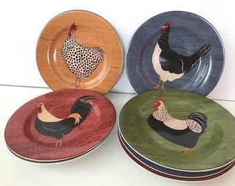 Rooster Chicken Stoneware Salad Plates, Colorful Set of 7 Sakura Dishes, Country Quartet