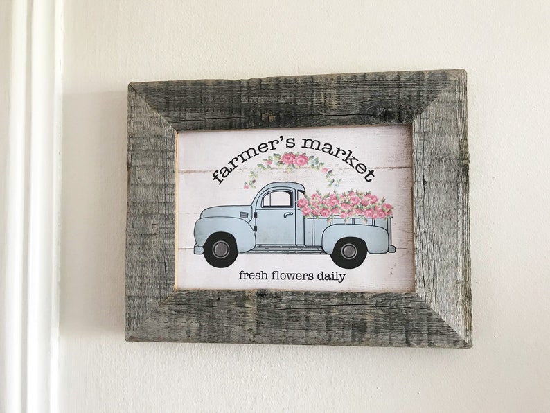 Wall Decor Blue Pickup Truck Happy Summer Spring Farmers Market Flower Wall Art Shiplap Barnwood Frame Blue Sign Farmhouse Girl Gift
