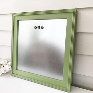 Steel Magnet Board, Wood Framed Magnetic Memo Bulletin Board, Industrial Chic Galvanized Steel 14.5 x 14.5 Green Painted Frame CHOOSE COLOR