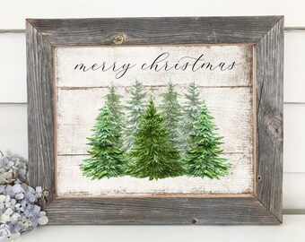Christmas Framed Art, Wood Sign, Barnwood Framed Print, Merry Christmas, Pine Fir Trees, Hostess Gift, Farmhouse, Shiplap, Rustic Horizontal
