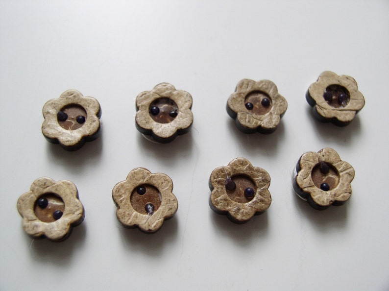 May include: Eight brown wooden flower-shaped buttons with two black centers.