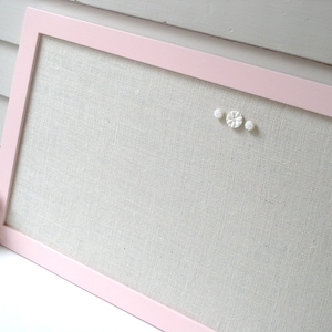 Long Narrow Modern Bulletin Board Message Center Magnetic Organizer 17.5 x 33 Pink Wood Frame Magnet Board Ivory Burlap Fabric - Shabby Chic