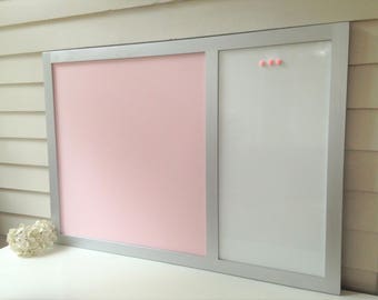 Magnetic Dry Erase Whiteboard Message Center - 26.5 x 38.5 Bulletin Board Handmade Hardwood Silver Frame YOU CHOOSE COLORS and Pink Fabric