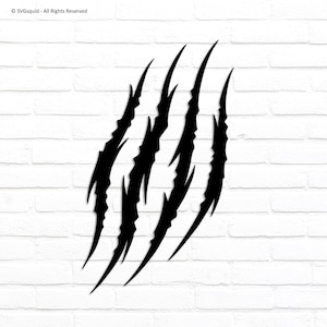 May include: Black claw marks graphic on a white brick wall background. The claw marks are jagged and appear to be tearing through the surface. The image is a digital design, suitable for various applications.