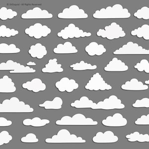 Puede incluir: Una colección de varias formas de nubes blancas dispuestas en un patrón de cuadrícula sobre un fondo gris sólido. Cada nube presenta contornos distintos, redondeados y esponjosos, con el texto SVGsquid - All Rights Reserved en la esquina.
