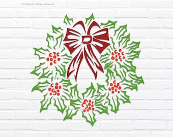 Kerstkrans SVG-ontwerp: hulstkrans en strik gesneden bestand (digitale download)