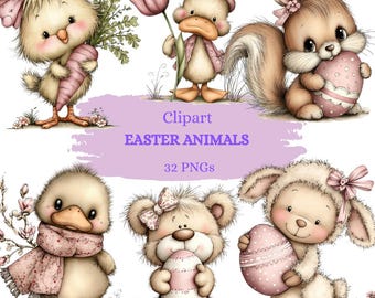 Clipart di animali pasquali stravaganti, grafica primaverile, download digitale 32 PNG