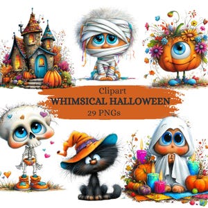 Può includere: Una collezione digitale di 29 immagini clipart a tema Halloween con una casa stregata, una mummia, una zucca con un occhio solo, uno scheletro, un gatto nero con cappello da strega e un fantasma, con il testo Clipart WHIMSICAL HALLOWEEN 29 PNGs.