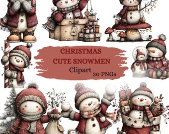 Grillige kerstsneeuwpop clipart, feestelijke vakantie graphics, digitale download 30 png-bestanden