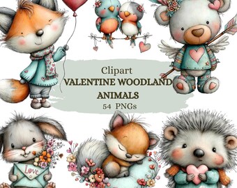 Valentijnsdag bosdieren clipart, liefdesgraphics, digitale download 54 png-bestanden