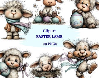 Wunderliche Ostern Lamm Clipart, Frühling Grafiken, digitaler Download 33 PNGs