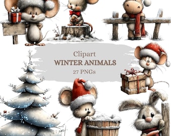 May include: A selection of winter-themed clipart featuring various animals. The illustrations include mice, a donkey, and a rabbit, all wearing winter attire such as Santa hats and scarves. A Christmas tree and wooden elements are also present. The text "Clipart WINTER ANIMALS 27 PNGs" is visible.