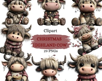 Christmas Highland Cow Clipart, Holiday Graphics, Digital Download 29 PNGs