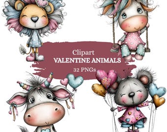 Valentine's Day Animals Clipart, Love Graphics, Digital Download 32 PNGs