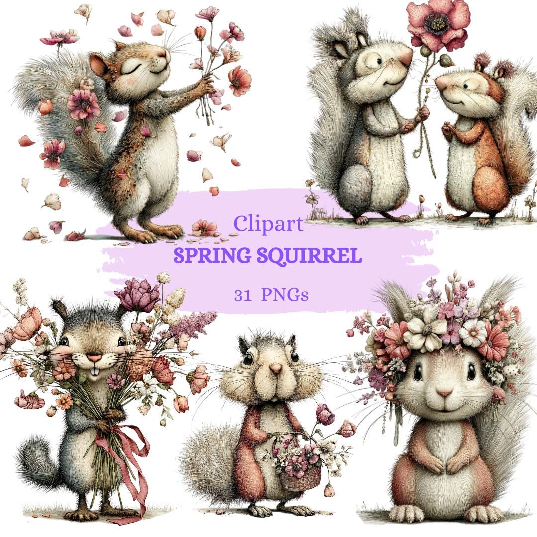 Whimsical Spring Squirrel Clipart, Spring Graphics, Digital Download 31 ...