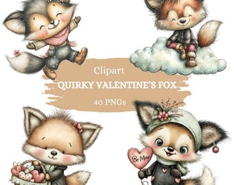 Valentine's Day Fox Clipart, Love Graphics, Digital Download 40 PNGs