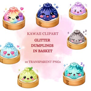 Puede incluir: Una colección de ilustraciones digitales que presenta seis dumplings distintos, cada uno con un color, textura brillante y expresión facial únicos, descansando en cestas de vapor de bambú individuales. El texto dice: KAWAII CLIPART GLITTER DUMPLINGS IN BASKET 18 TRANSPARENT PNGs.